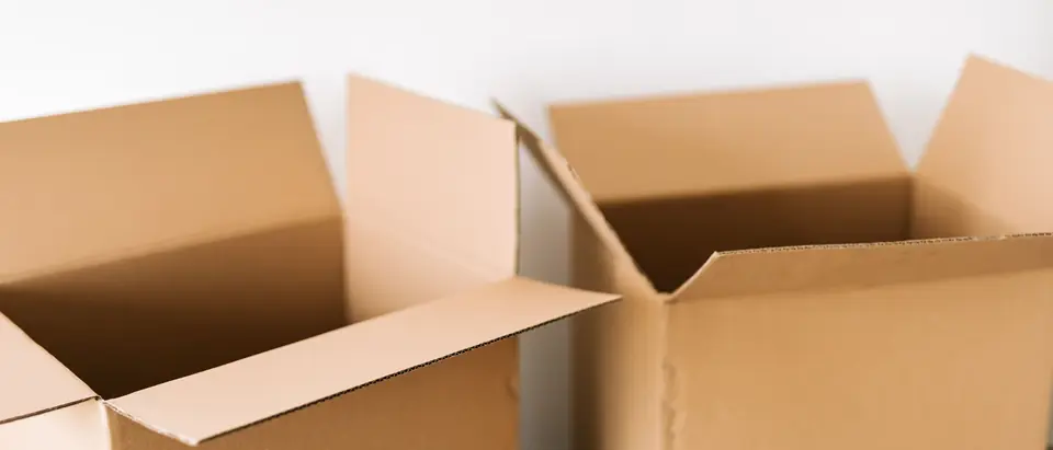 Two open cardboard cartons ready for packing against a white wall